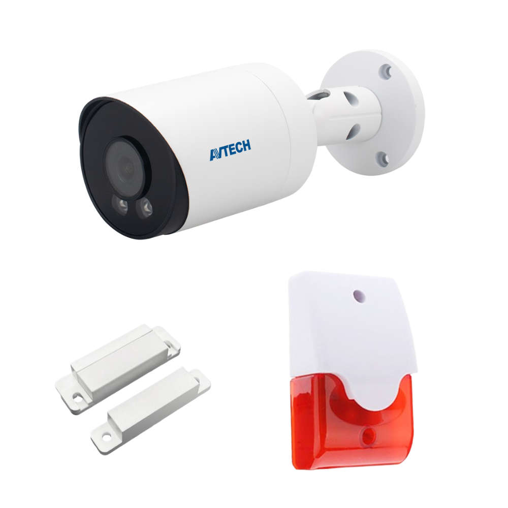 AVTECH AVPro Series DGM5106 5MP Bullet IP Camera with SV-413MDD Wired Magnetic Door Sensor and SV-104SR Wired flashing Siren