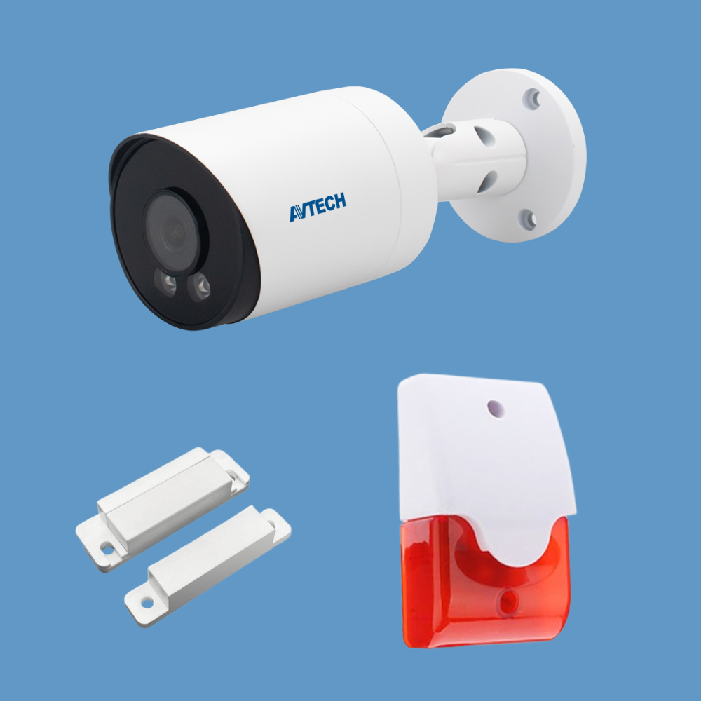 AVTECH AVPro Series DGM8109 8MP Bullet IP Camera with SV-413MDD Wired Magnetic Door Sensor and SV-104SR Wired flashing Siren