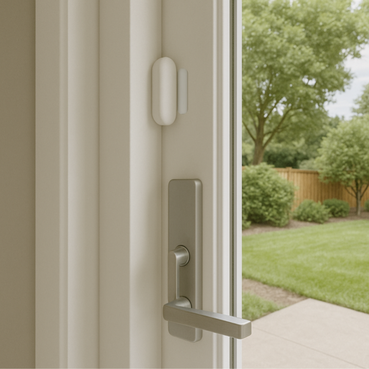 Close-up of a door handle and lock on a beige door with a view of a garden.