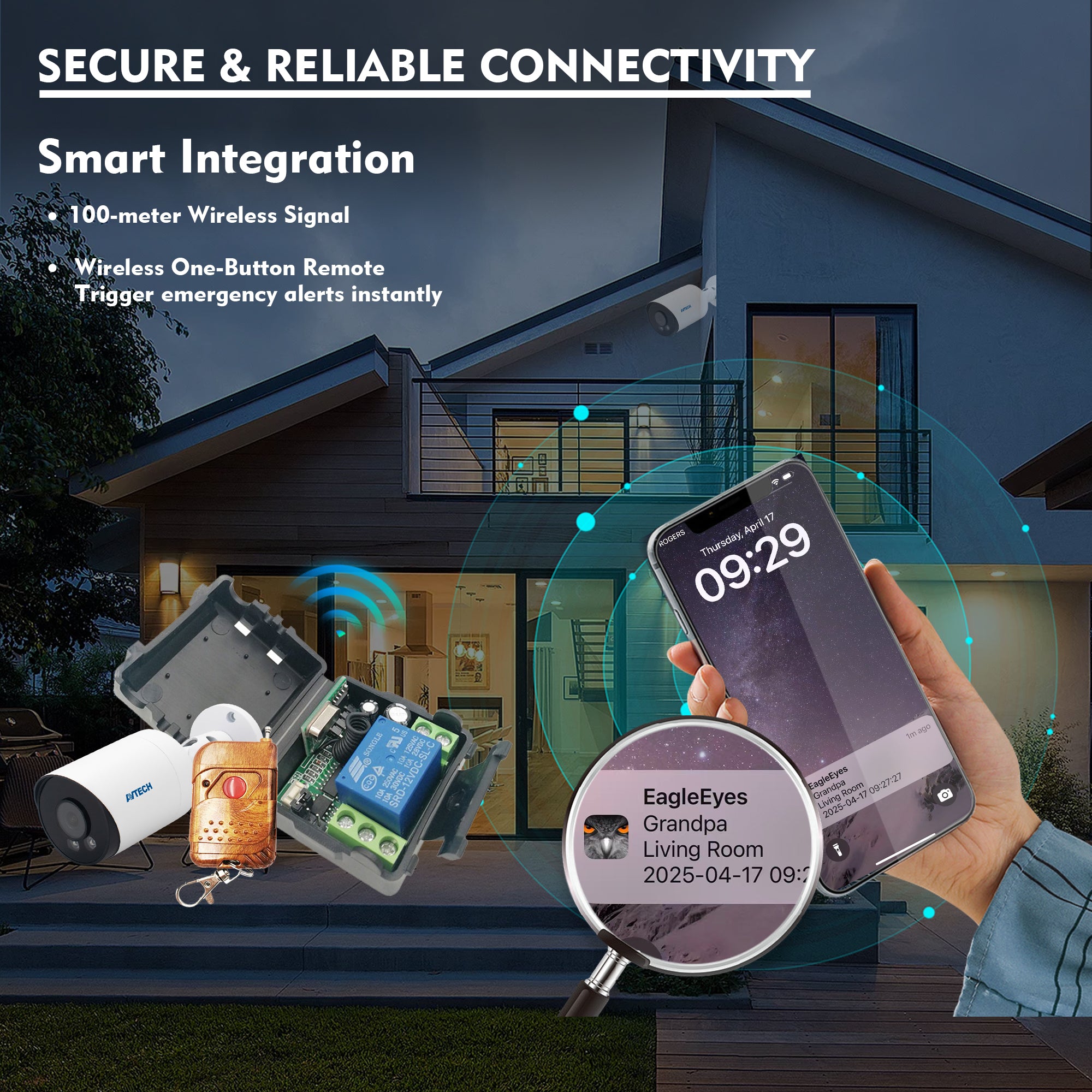 Smart home security system with smartphone app and home exterior