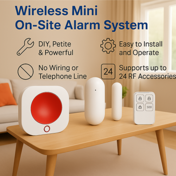 Wireless mini on-site alarm system with components on a table in a living room setting.